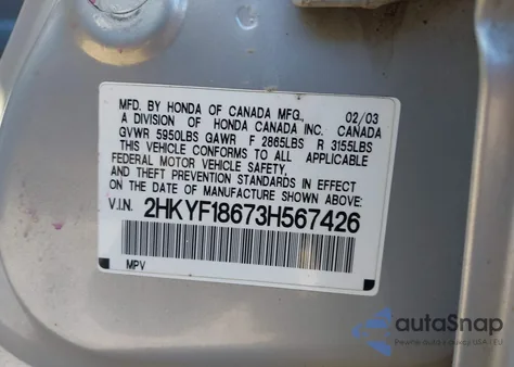 2003 Honda Pilot Ex-L from USA, damaged, VIN 2HKYF18673H567426